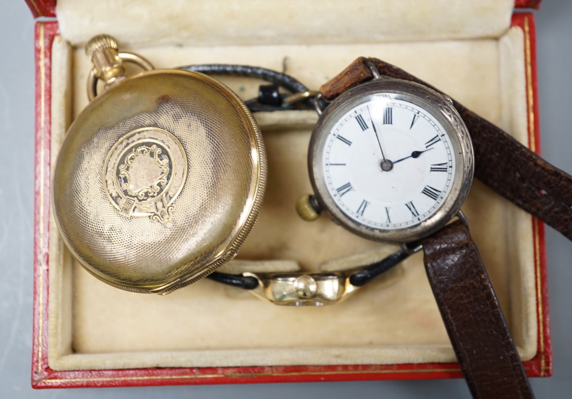 A lady's 10k gold filled Longines wrist watch, original box, a gold plated fob watch and a silver watch.